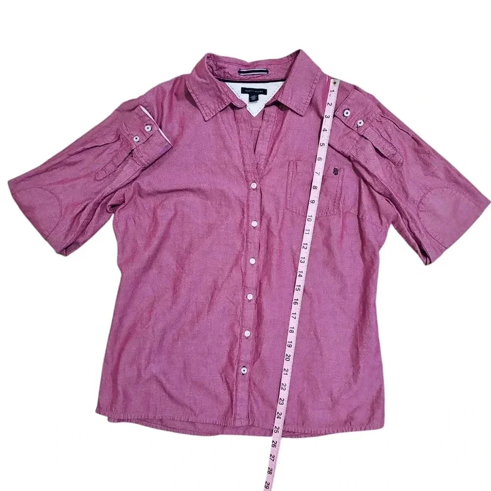 Tommy Hilfiger Women L Burgundy Cotton Speckled Button Down Essential Preppy - Picture 7 of 7